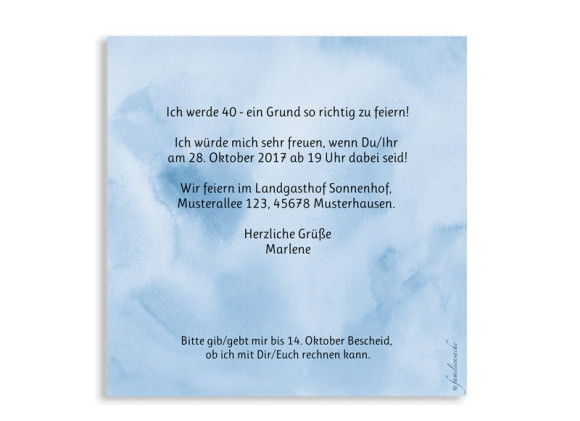 Einladung 40. Geburtstag, Motiv: Dots 'n Stripes, (quadratische Postkarte), Rückseite, Farbvariante:  dunkelblau