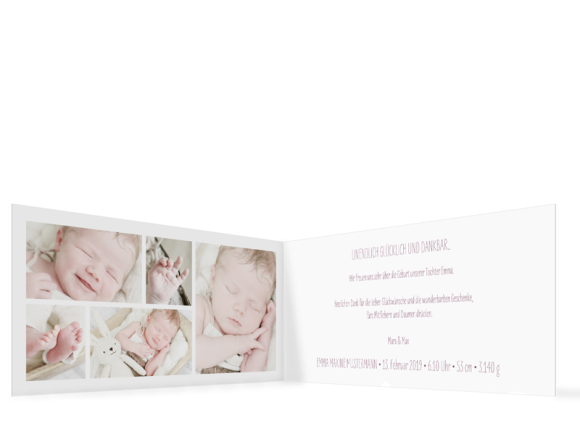 Danksagung Geburt (Klappkarte DL, 5 Fotos), Motiv: Emma/Emil, Innenansicht, Farbvariante: lila