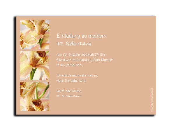 Rückseite, Einladung zum Geburtstag, Motiv Orchideen, Farbversion: beige