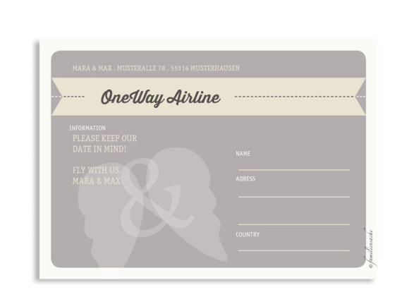 Save-The-Date Flugticket, Rückseite der Farbversion: beige