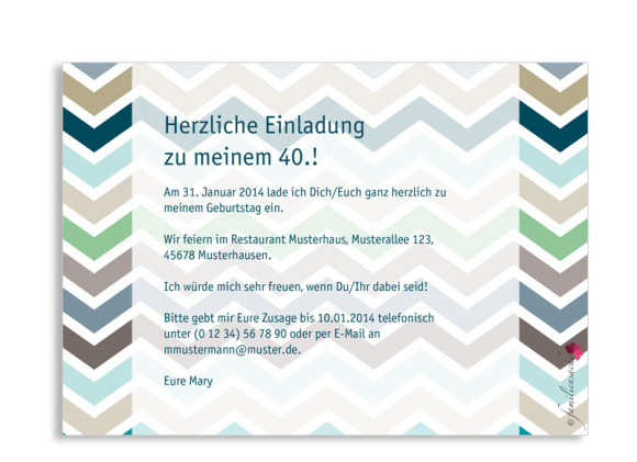 Einladung zum 40. Geburtstag, Motiv ZigZag, Rückseite, Farbvariante: blau