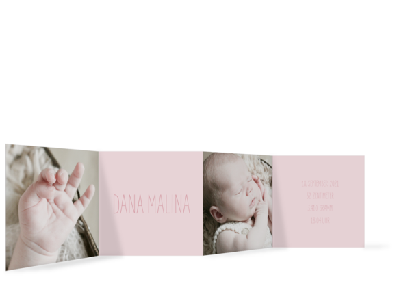 Geburtskarte (Leporello mit drei Fotos), Motiv: Dana/Daniel, Rückseite, Farbvariante: puder