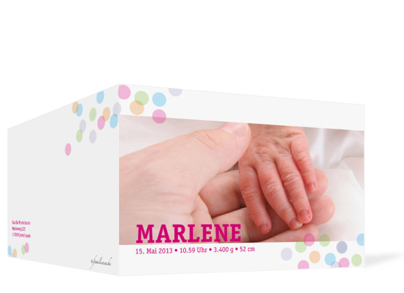 Außenansicht, Klappkarte zur Geburt, Motiv Marlene/Marlon, Farbversion: pink