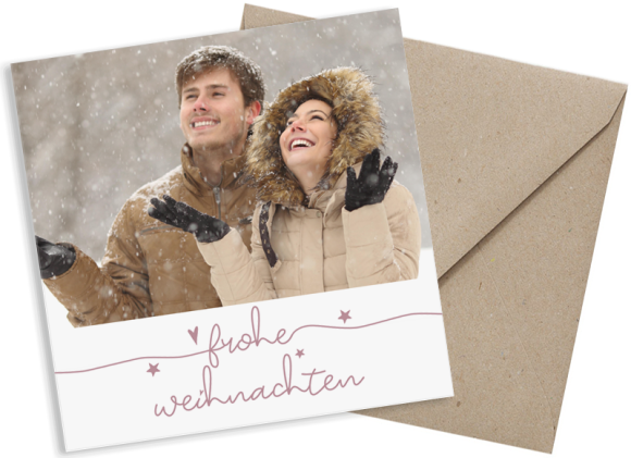Foto-Weihnachtskarte (Postkarte, quadratisch, sechs Fotos), Motiv: Fröhliche Weihnachten, mit Briefhülle, Farbvariante: altrosa