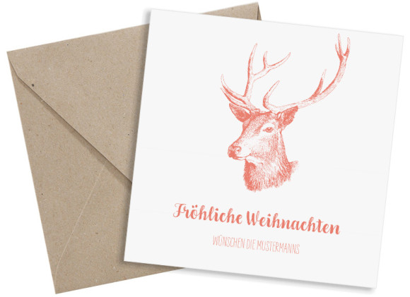 Weihnachtsgrüße, Motiv: Pure Deer, quadratische Postkarte mit drei Fotos, mit passendem Kuvert, Farbvariante: apricot