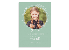 Kommunionseinladung "Henriette/Henry" (Postkarte Hochformat mit Foto) gruen