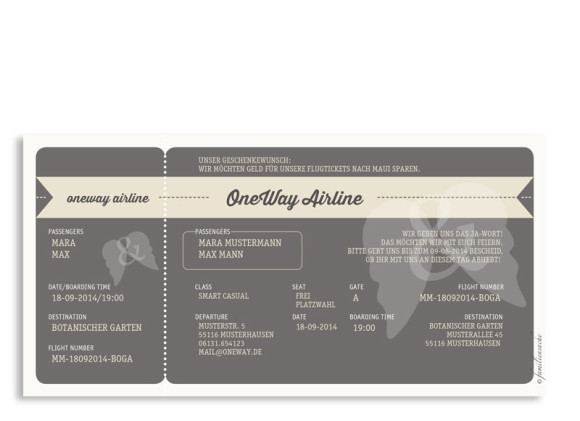Einladungen zur Hochzeit Flugticket (Postkarte)