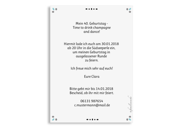 Einladung zum 40. Geburtstag Konfetti in Aqua, Rückseite