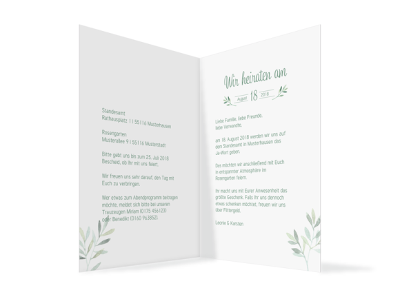 Hochzeitseinladungen (Klappkarte C6), Motiv: Blätterkranz, Innenansicht, Farbvariante: gruen