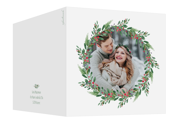 Weihnachtskarte quadratische Klappkarte (300 x 150 mm), Motiv: Wintereinzug 150, Aussenansicht, Farbvariante: beerenrot