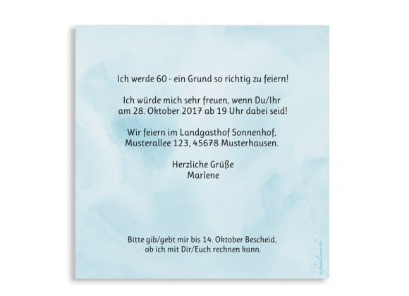 Einladungskarten 60. Geburtstag, Motiv: Dots 'n Stripes, (quadratische Postkarte), Rückseite, Farbvariante:  eisblau