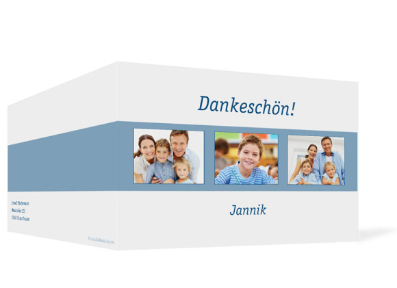 Außenansicht, Klappkarte zur Kommunion, Motiv Jette/Jannik, Farbversion: blau