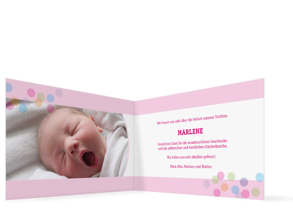Innenansicht, Klappkarte zur Geburt, Motiv Marlene/Marlon, Farbversion: pink