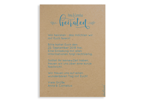 Save the Date (Postkarte), Motiv: Blumenkranz natural, Rückseite, Farbvariante: blau