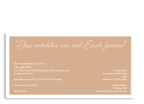 Rückseite, Einladungs-Postkarte zur Goldhochzeit, Motiv Verona, Farbversion: beige