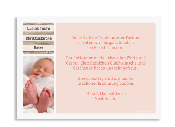 Danksagungskarten zur Taufe Lucia/Luca, Rückseite in apricot