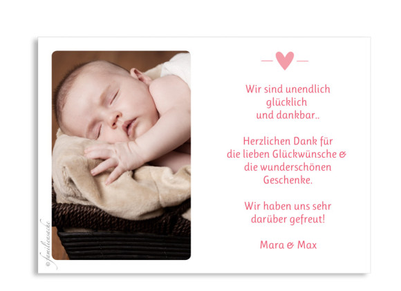 Babykarte (Postkarte A6), Motiv: Kaija/Kasper, Rückseite, Farbversion: pink/rosa