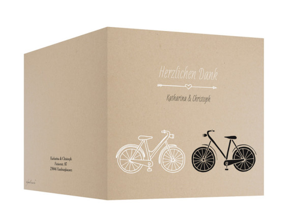 Danksagungskarte zur Hochzeit, Motiv: Fahrrad, Farbe: beige, Außenansicht