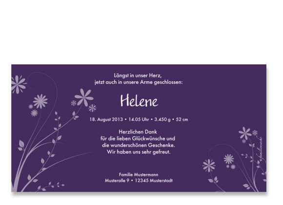 Rückseite, Postkarte zur Geburt, Motiv Helene/Hannes, Farbversion: lila