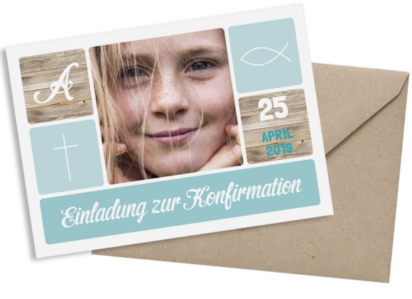 Konfirmationseinladung (Postkarte mit Foto), Motiv: Lucia / Luca, mit Briefhülle, Farbvariante: eisblau