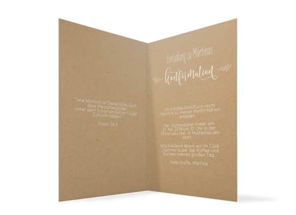 Konfirmationeinladung (Klappkarte A6), Motiv: Blumenkranz Natural, Innenansicht, Farbvariante: weiss