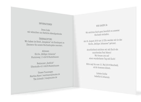 Einladung Hochzeit (Klappkarte quadratisch - 300 x 150 mm), Motiv: Gent Pure, Innenansicht, Farbvariante: grau