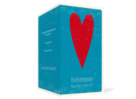 Hochzeitsmenükarten Vintage Heart, Außenansicht der Farbversion: blau