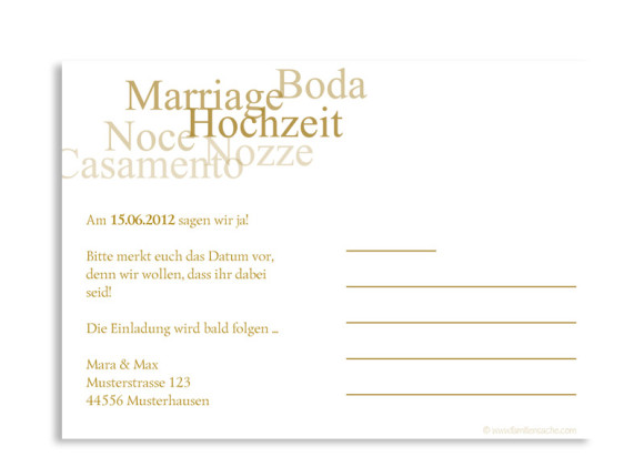 Rückseite, Einladungs-Postkarte zur Hochzeit, Motiv Casablanca, Farbversion: beige