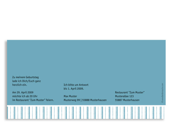 Rückseite, Einladungs-Postkarte zum Geburtstag, Motiv Stripes 2, Farbversion: blau