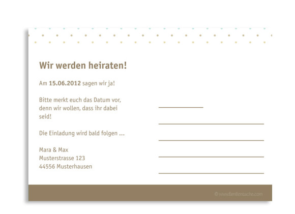 Rückseite, Einladungs-Postkarte zur Hochzeit, Motiv Prag, Farbversion: beige