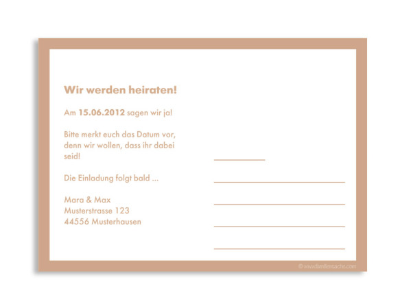 Rückseite, Einladungs-Postkarte zur Hochzeit, Motiv Verona, Farbversion: beige