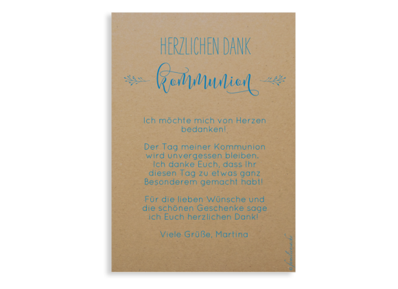 Kommunionsdanksagung (Postkarte A6), Motiv: Blumenkranz Natural, Rückseite, Farbvariante: blau