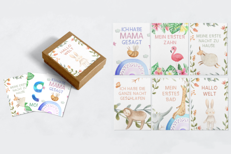 Baby Meilensteinkarten mit süßen Tieren im Karton