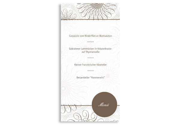 Rückseite, Menükarte zur Hochzeit (DIN Lang-Karte, zweiseitig), Motiv Mandala, Farbversion: beige