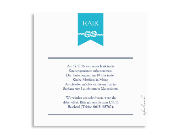 Einladungskarte zur Taufe Rike/Raik, Rückseite in aqua