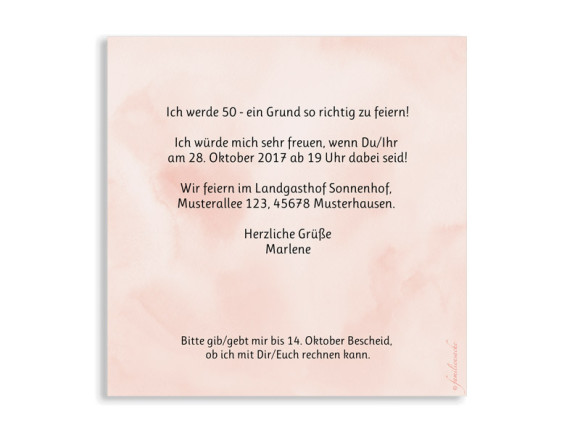 Einladungskarten 50. Geburtstag, Motiv: Dots 'n Stripes, (quadratische Postkarte), Rückseite, Farbvariante:  apricot