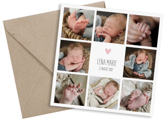 Danksagung zur Geburt, Motiv: Lena/Lars, (quadratische Postkarte), mit Briefhülle, Farbvariante: puder