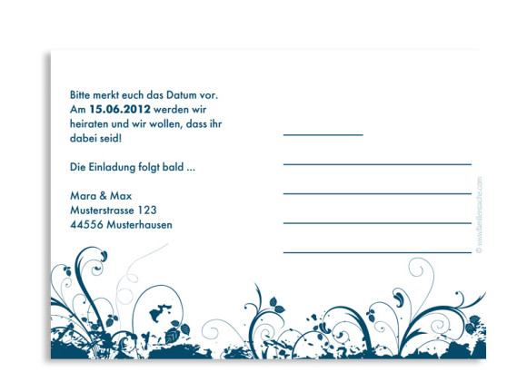 Rückseite, Einladungs-Postkarte zur Hochzeit, Motiv Miami, Farbversion: blau