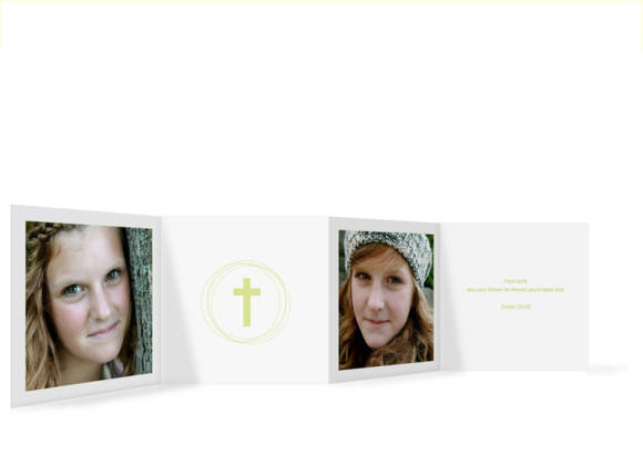 Innenansicht, Danksagungs-Leporello zur Konfirmation, Motiv Justus/Jasmin, Farbversion: weiß/grün