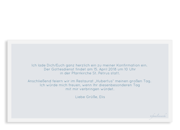 Einladung zur Konfirmation (Postkarte DL quer mit Fotos), Motiv: Bedeutung, Rückseite, Farbvariante: dunkelblau