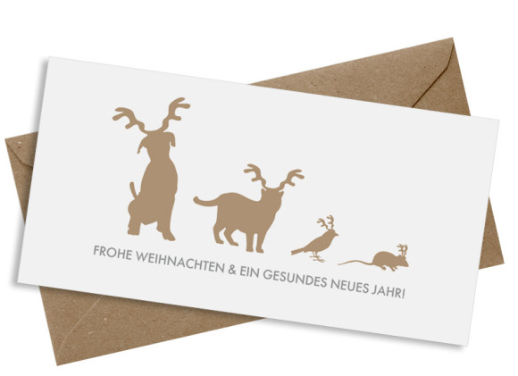 Weihnachtskarte Haustiere mit Umschlag, Farbversion: beige