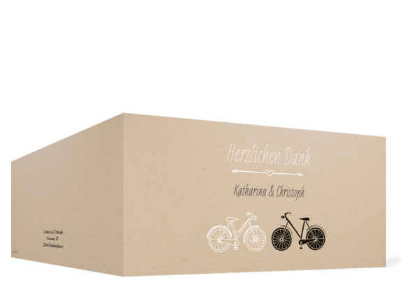 Danksagungskarte zur Hochzeit, Motiv: Fahrrad, Format: Klappkarte DL quer, Farbe: beige, Ansicht: außen