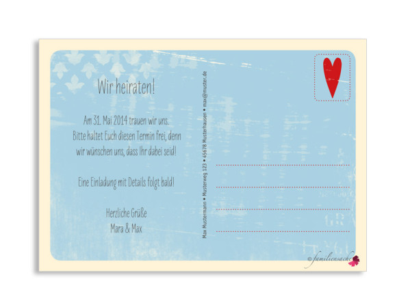 Save the Date-Karte, Motiv Vintage Heart, Rückseite, Farbversion: blau
