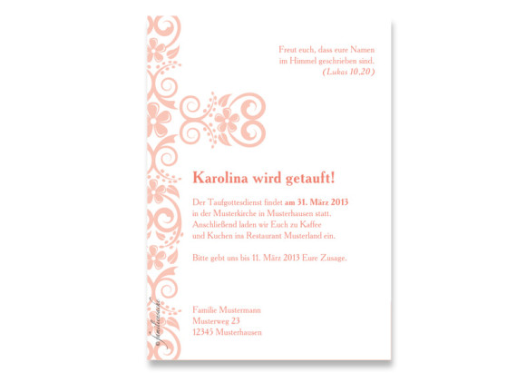 Rückseite, Postkarte zur Taufe, Motiv Karolina/Karell, Farbversion: apricot