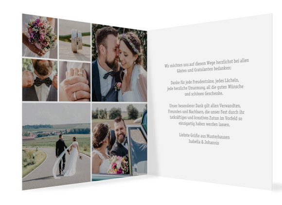 Danksagungskarten Hochzeit (Klappkarte quadratisch mit vielen Fotos), Motiv: Gent Pure, Innenansicht, Farbvariante: grau