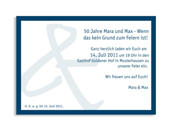 Rückseite, Einladungs-Postkarte zur Goldenen Hochzeit, Motiv Bern, Farbversion: blau