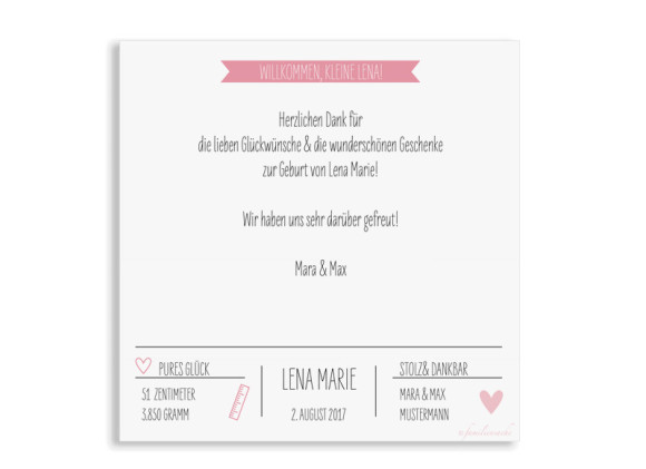 Danksagung zur Geburt, Motiv: Lena/Lars, (quadratische Postkarte), Rückseite, Farbvariante:  puder