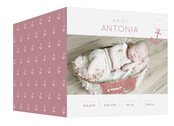 Geburtskarte (Klappkarte quadratisch), Motiv: Antonia/Alexander, Aussenansicht, Farbvariante: altrosa