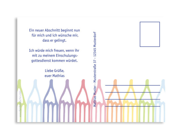 Rückseite, Einschulungskarte, Motiv Stifte, Farbversion: blau