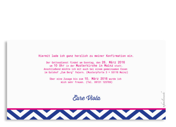 Einladungen zur Konfirmation Hamptons Classic, Rückseite der Farbversion: blau/pink